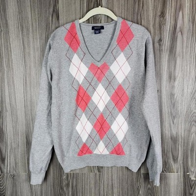 Gant Womens Grey Pink Argyle V-Neck Sweater Size Small Preppy Knit Pullover