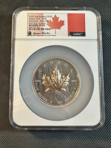 2025 Canada Maple Pulsating Rose Gold Gild 5 oz Silver NGC PF70 Reverse Proof