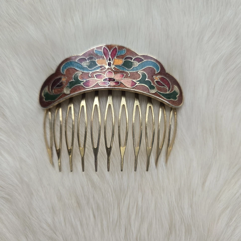 Peine de pelo floral esmaltado cloisonné metal dorado vintage años 80 Foto 2 de 4
