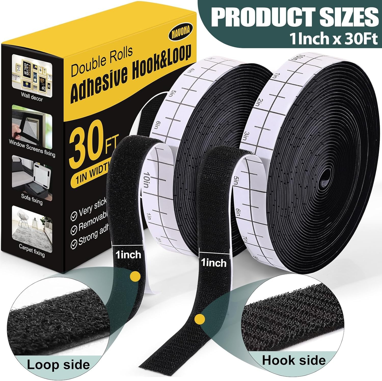 Navona Hook & Loop Tape 2 Rolls 30Ft x 1" Heavy Duty Adhesive Mounting Strips