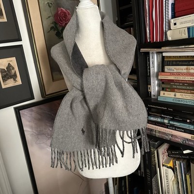 Polo Ralph Lauren Gray Lambswool Scarf Fringe Emb. Polo Pony Md in Italy NWT