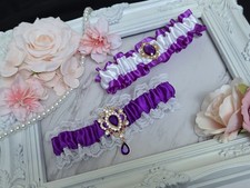 Wedding Garter Set Purple White Satin Lace Prom Bridal Accessories Rhinestones