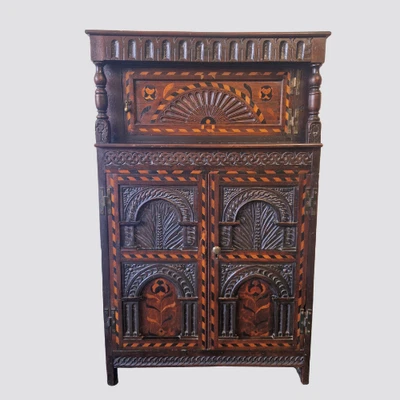 Antiker Schrank Vertiko Anrichte Eichenholz Schnitzereien Intarsien um 1850 - Bild 1 von 4