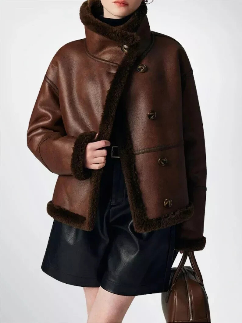 Women's Brown Shearling Real Leather Jacket Fur Coat Aviator Flight Sheepskin