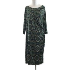 Talbots Green Blue Batik Midi Faux Wrap Dress Womens X 3/4 Sleeve