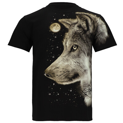 T-Shirt Wolf im Vollmond - Damen Herren Heulende Wölfe Shirt - Schwarz