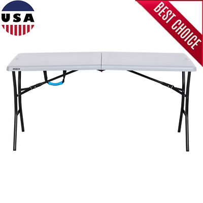 5-Foot Fold-in-Half Table W/Carry Handle Camping Steel Frame Safety Locking Gray