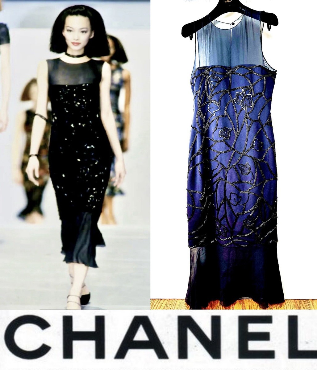 Chanel Vintage 1997 Black Bead Midi Dress Gown 34 36 38 2 4 6 Logo