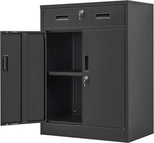 Metal Storage Cabinet, Locking Cabinet One Drawer and Adjustable Shelf, Black
