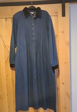 Talbots Size 16 Blue Denim Black Velvet Pintuck Modest Long Sleeve Shirt Dress
