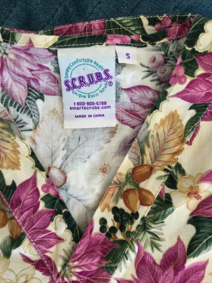 Scrubs Poinsettia Scrub Top Cotton V-Neck Holiday & Solid Purple Lab Coat S/M - Image 2 of 4