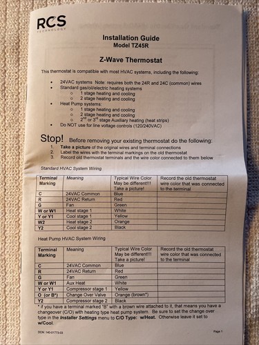 RCS Thermostat TZ45R 001-1773 24v Zwave USA made! - 第 3/9 張圖片
