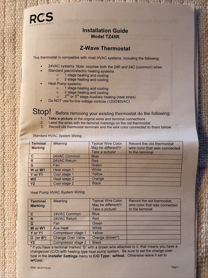 RCS Thermostat TZ45R  001-1773  24v Zwave USA made! - Image 3 of 4