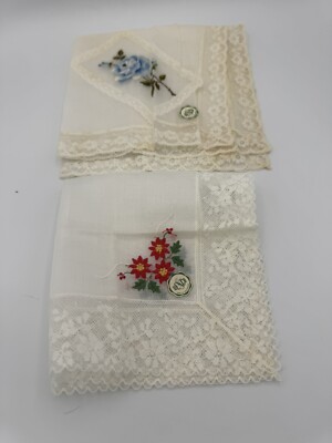 Vintage Desco Switzerland Hanky Lace/Embroidered Poinsettias Blue Rose Set Of 2