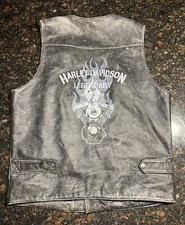 Vintage Harley Davidson Men s Distressed V-Twin Flames Black Leather Vest/MED