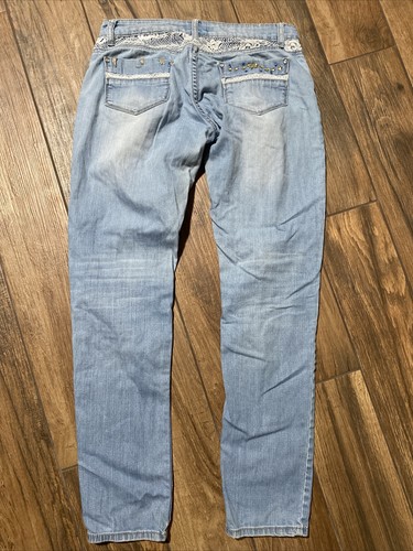 Liuces womens jeans size 9 light blue rhinestones lace BOHO CHIC 32/32 skinny - Picture 4 of 5