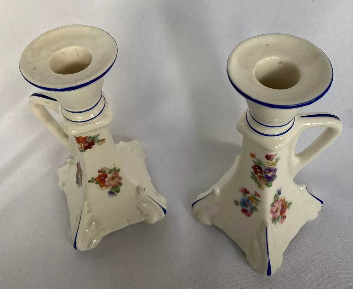 Candlestick Holders 6" Pair Floral Ceramic Cottage Farm Czechoslovakia Vintage