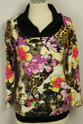 Damen Pullover Oberteil Pulli 2 in 1 Look Blumen Perlen Viskose IMAGINI Gr.42