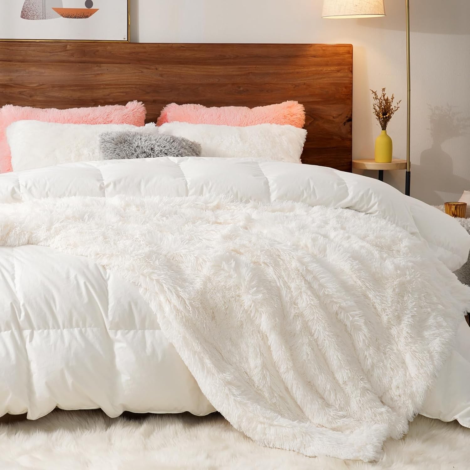 PHF Luxury Fuzzy Faux Fur Throw Blanket, Soft Shaggy Plush Comfy Blanket, Warm T