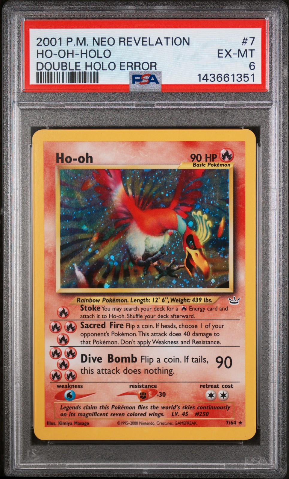 Ho-oh Holo 7/64 Double Error Neo Revelation Pokemon PSA 6