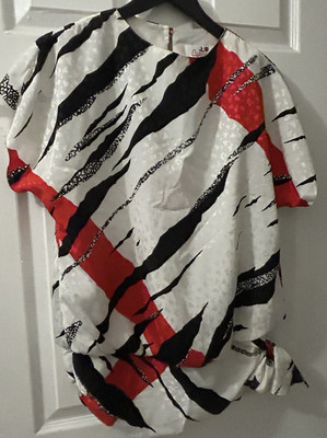 VTG 80s Caron 2 Pc Blouse Skirt Outfit White Red Black Geometric Zebra Print