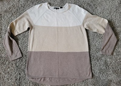Jeanne Pierre Tricolor Crewneck Sweater Size Large 100% Cotton Cream/Tan