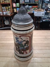 German Relief Pottery Beer Stein With Pewter Lid – Tavern Drinking Scene