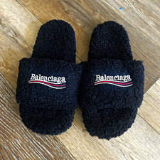 Balenciaga Men's Black Faux Fur Lined Logo Slide Slippers Open Toe Slip-On