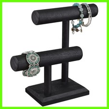 Modern Black Wooden 2 Tier Jewelry Holder for Organized Bracelet  Watch Display