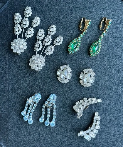 Vintage Colorful Clip On Earrings Costume Jewelry Lot Bogoff Weiss Rhinestone