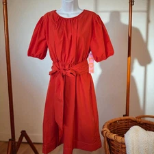 LDT Puff Short Sleeve Dress Sz 10 | Red Bow, Pockets | Cottage Coquette Style |