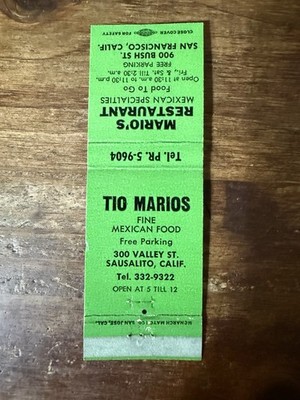 G1215 Tio Marios Mexican Restaurant Sausalito California Vintage Matchbook Cover