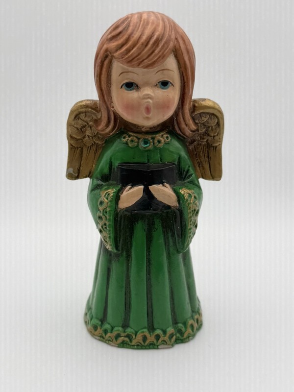 Ardco Vintage Christmas Singing Angel w/Green Dress Holding Hymn Book - Wings 9”