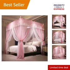 Charming Princess-Themed Bed Canopy with Waterproof Mosquito Net, Pink/White