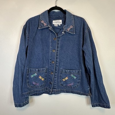 Vintage Casey Coleman Embroidered Dragonfly Colorful Denim Jacket