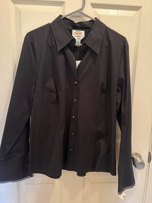 Vintage Talbots Stretch Black Button Front Shirt Women s Size 16 NWT Trim Cotton