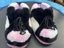 Women's Faux Fur Colorblock Slippers Lace Up Non-Slip Size 7/8 Black Pink