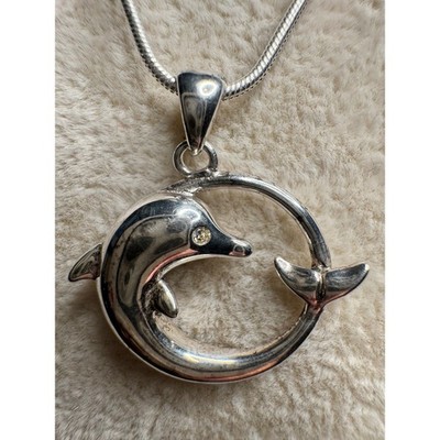 VTG Sterling Silver 925 Dolphin Circle Pendant Necklace Snake Chain CZ Eye 18 In