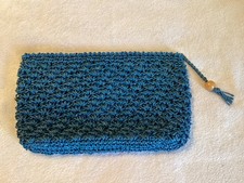 Vintage Crocheted Raffia Clutch Blue Made in Japan Boho Hippie Beach