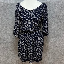 Oboe Blue Floral Rayon Mini Dress Elastic Waist Cottagecore Sun Spring Medium
