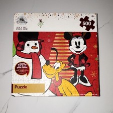 Disney Holiday 500 Piece Puzzle Mickey Minnie Pluto Snowman 22.4" x 19.3"