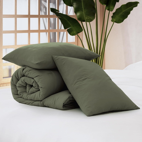 Queen Comforter Set - 3 Pieces Prewashed Olive Green Comforter Soft Lightweight  - Picture 6 of 12