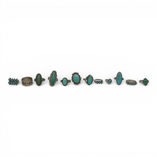 12 VINTAGE SOUTHWESTERN BELL TRADING POST TURQUOISE RING LOT STERLING SIGNED