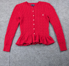 Ralph Lauren Cable Knit Cardigan Girls Large Sweater Red Ruffle Hem Timeless