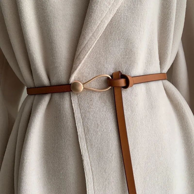 Golden Buckle Tie Knot PU Leather Thin Waist Belt Simple  display picture 3