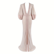 ALEXANDER McQUEEN c.2017 Dusty Mauve Velvet Silk V-Neck Puff Longsleeve Gown