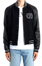 Valentino Logo Varsity Jacket Tweed Leather Blouson Coat Bomber Jacke M