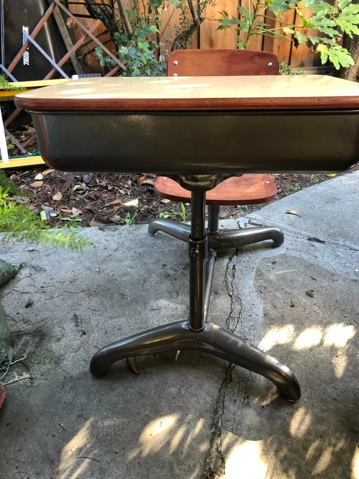 Vintage Old Art Deco Adjustable Metal Wood Child Kid School Desk Chair - Image 3 of 4