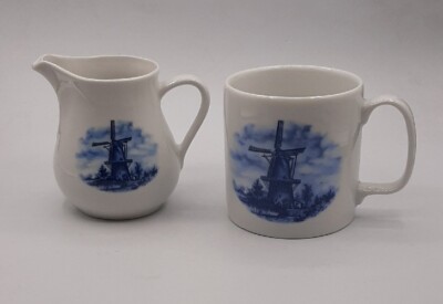 Vintage Delft-Blauw Blue & White Coffee Mug and Creamer Made In Holland