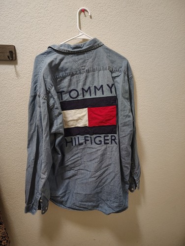 Tommy Hilfiger Crew Vintage Shirt Mens XL Denim Spell Out Logo Flag Long Sleeve
